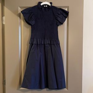 NWOT Sunday Up Smocked Navy Blue Ruffle Sleeved Dress